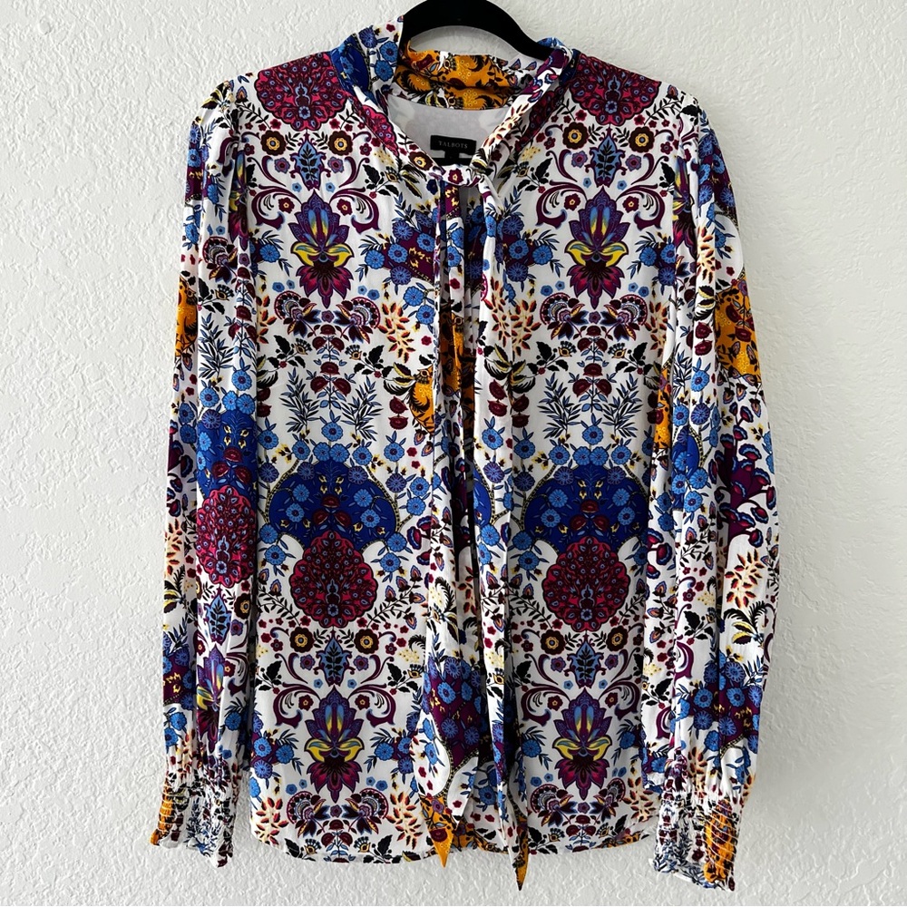 Talbots Viscose Colorful Floral Button Up Tie Neck Blouse - Women’s Size Large
